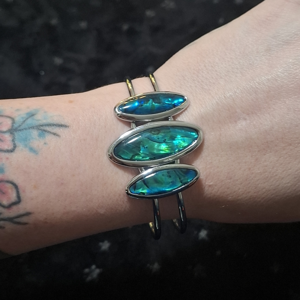 🐚Abalone Puau Shell Blue Green Mother Of Pearl Silver Hinge Cuff Bracelet - Picture 3 of 10